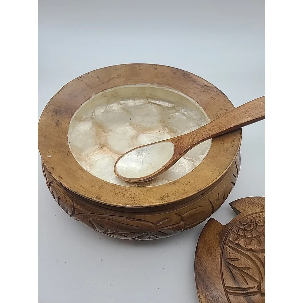 Wooden Serving Bowl Hand Carved- Lid Mother Of Pearl Like Inlay 11